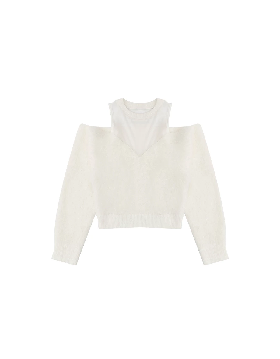 Fluffy Knit Off Shoulder Top with Sheer Mesh Neckline