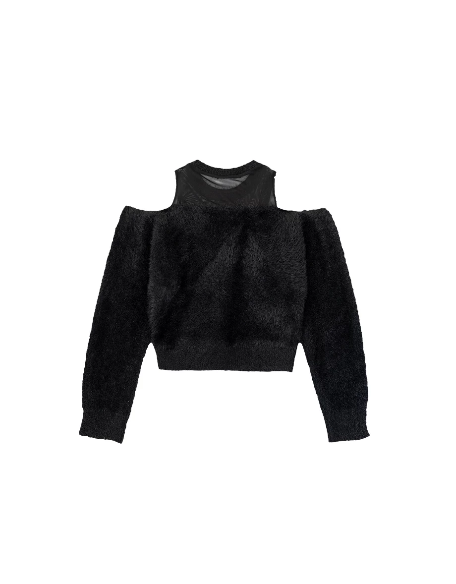 Fluffy Knit Off Shoulder Top with Sheer Mesh Neckline