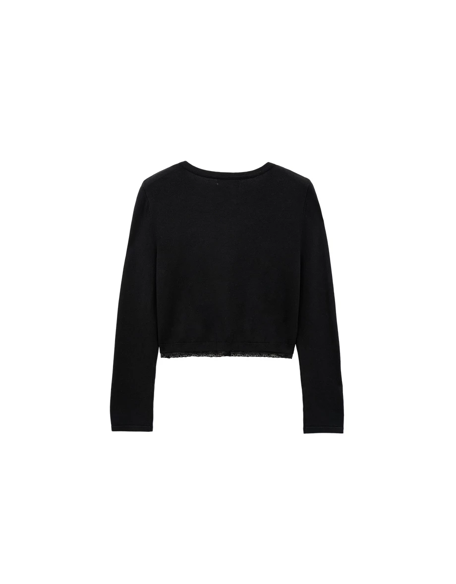 Soft Knit Heart Button Accent Cropped Cardigan with Lace Hem Detail