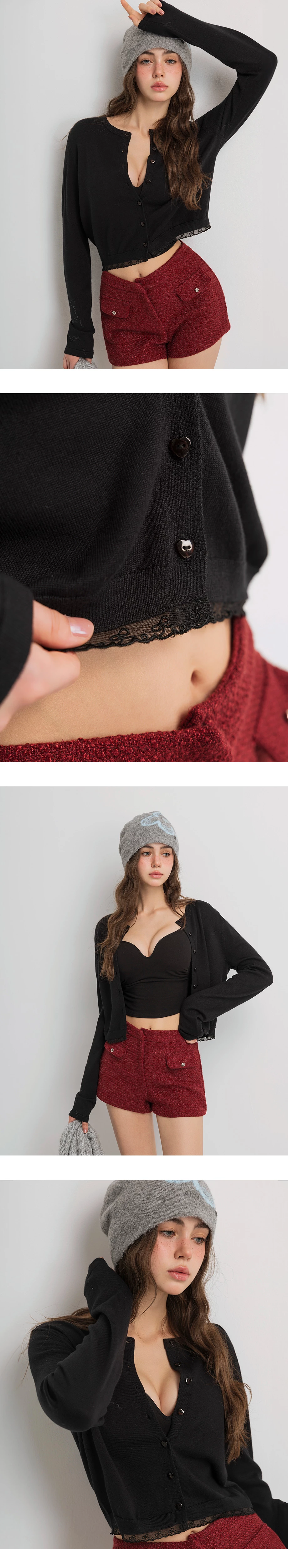 Soft Knit Heart Button Accent Cropped Cardigan with Lace Hem Detail