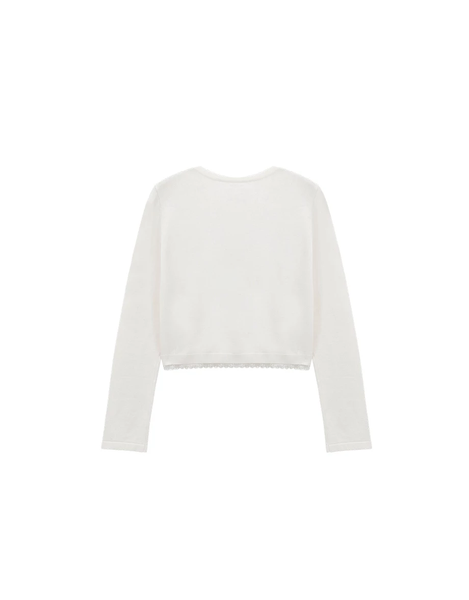 Soft Knit Heart Button Accent Cropped Cardigan with Lace Hem Detail