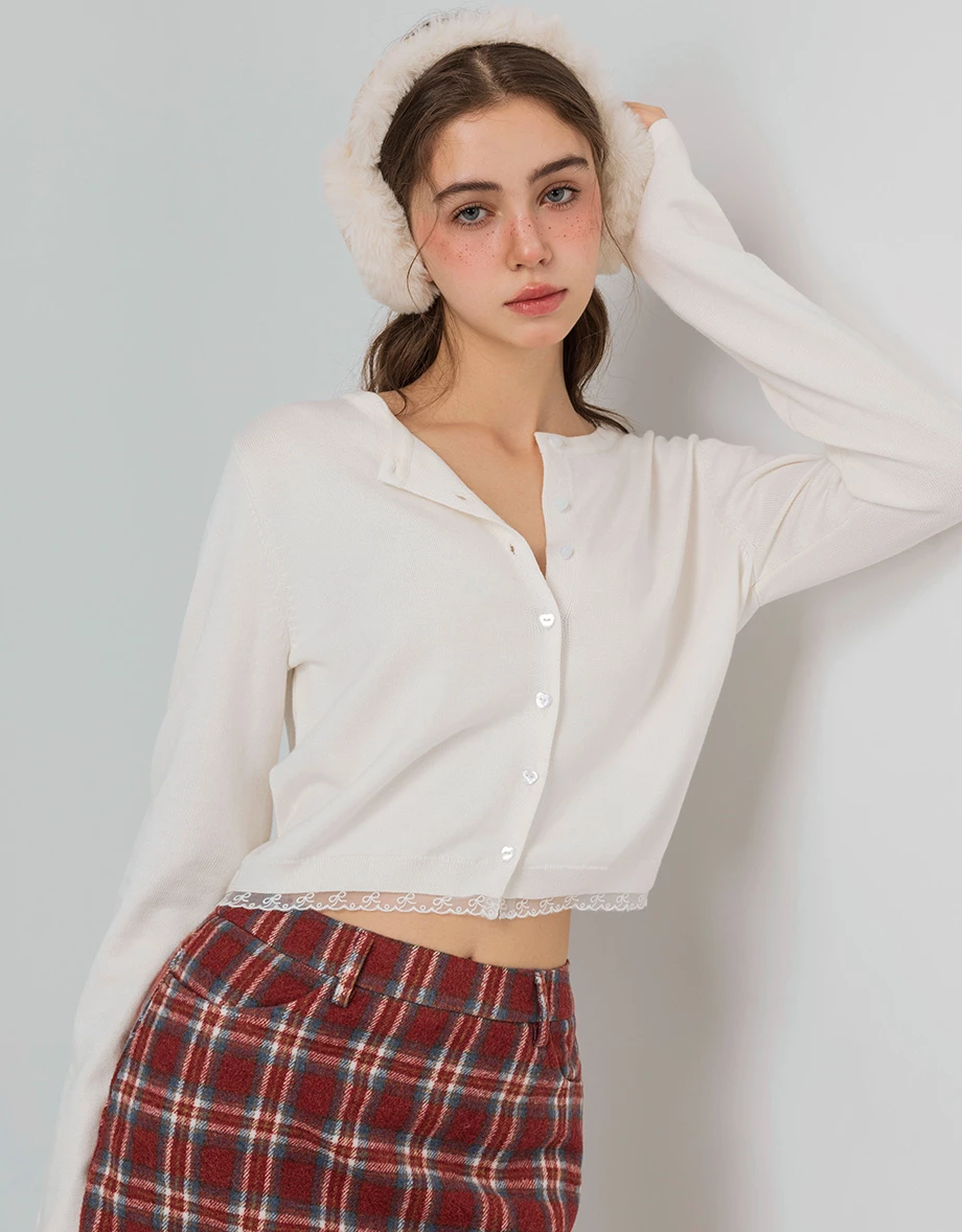 Soft Knit Heart Button Accent Cropped Cardigan with Lace Hem Detail