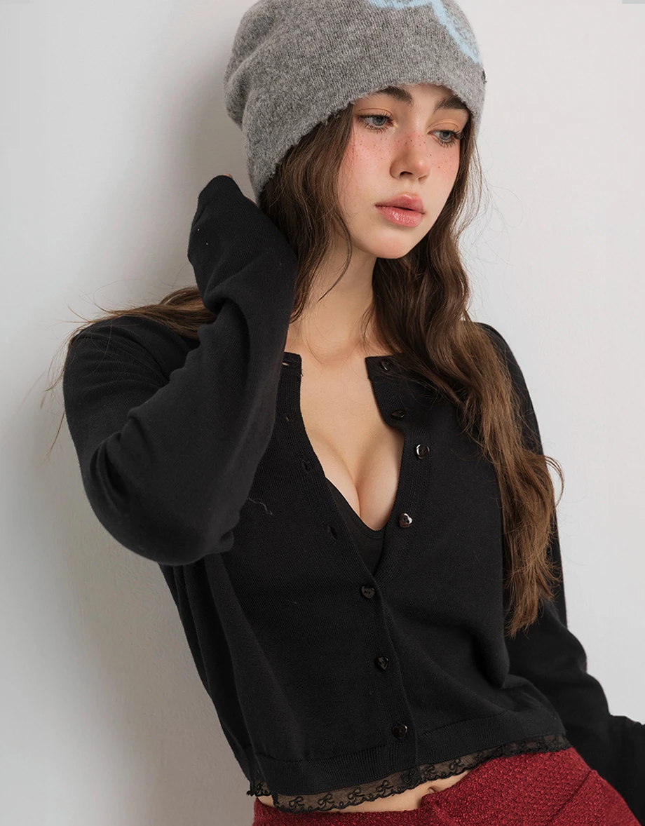 Soft Knit Heart Button Accent Cropped Cardigan with Lace Hem Detail