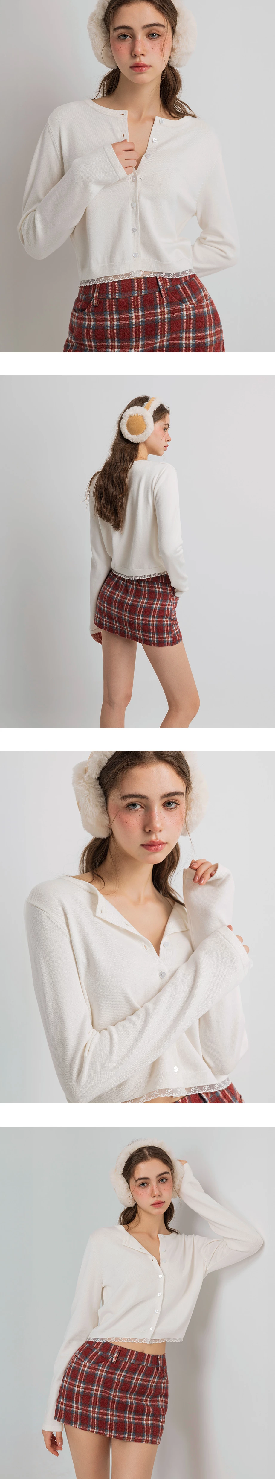 Soft Knit Heart Button Accent Cropped Cardigan with Lace Hem Detail