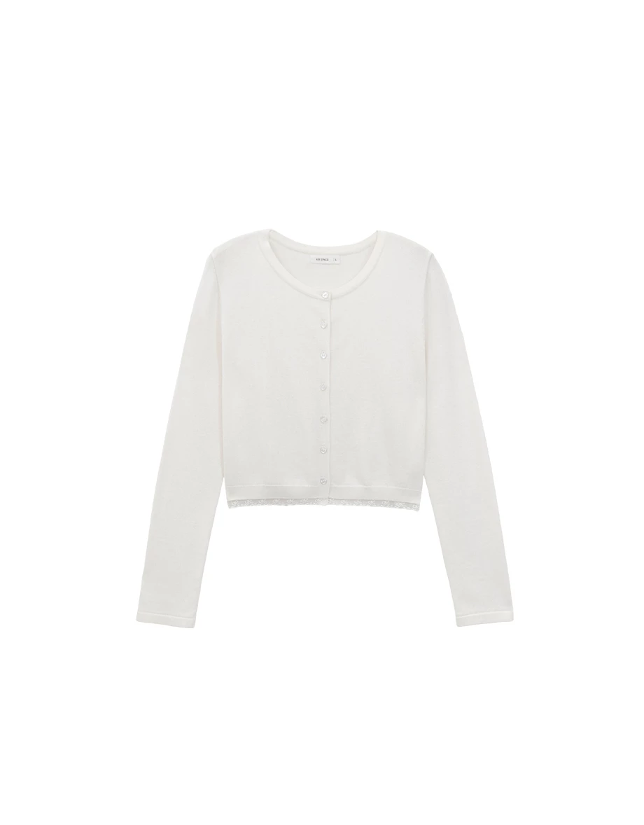 Soft Knit Heart Button Accent Cropped Cardigan with Lace Hem Detail