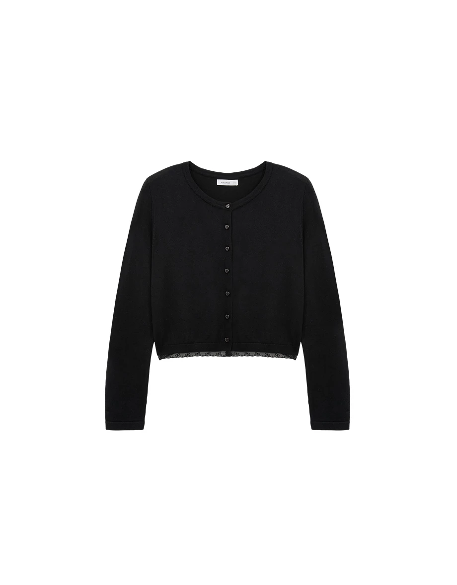 Soft Knit Heart Button Accent Cropped Cardigan with Lace Hem Detail