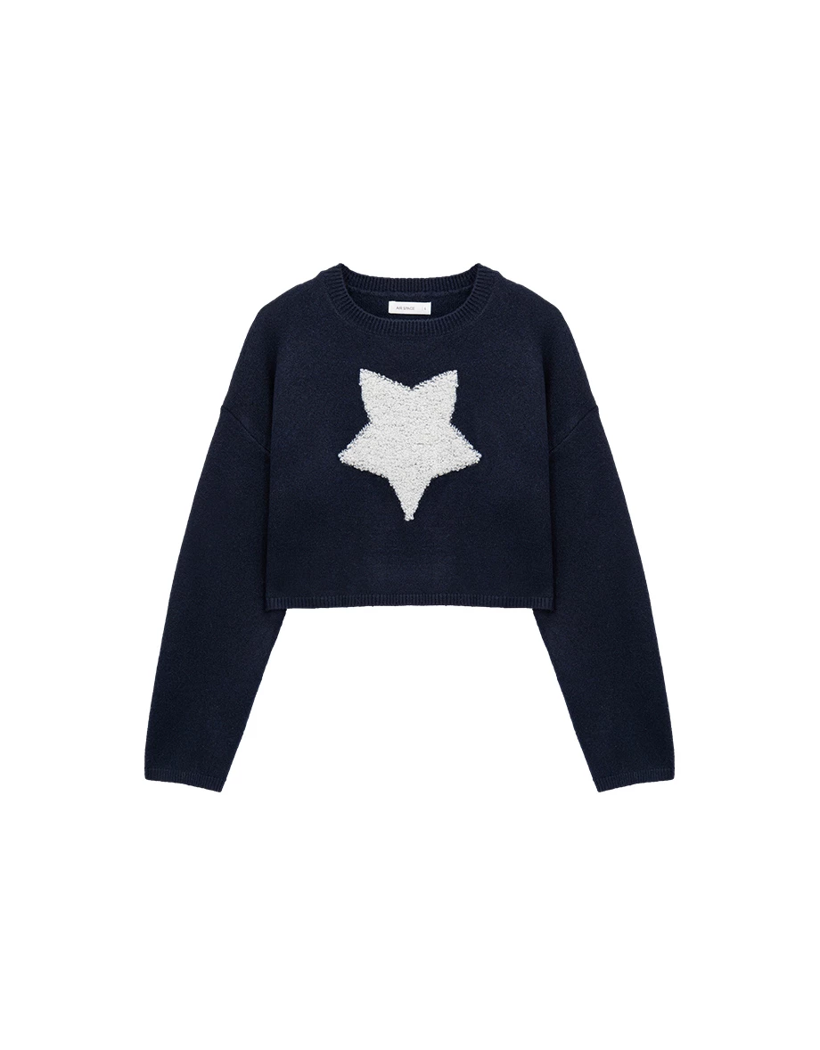 Classic Round Neck Star Motif Knit Cropped Sweater