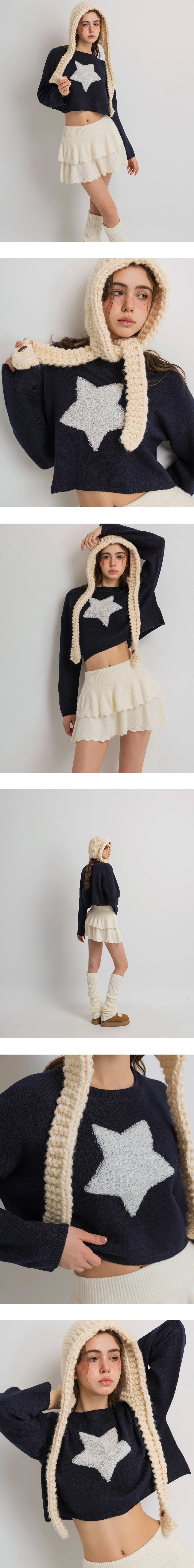 Classic Round Neck Star Motif Knit Cropped Sweater