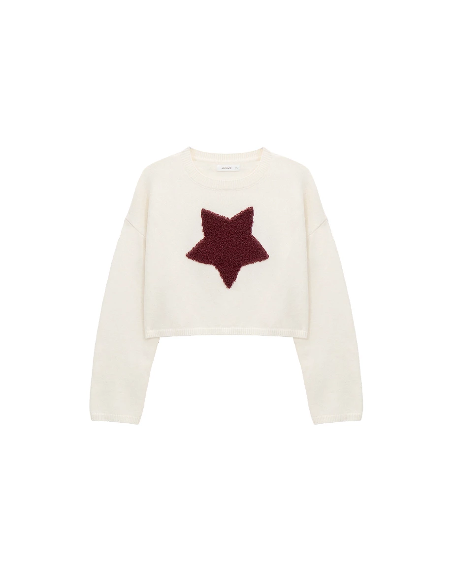 Classic Round Neck Star Motif Knit Cropped Sweater