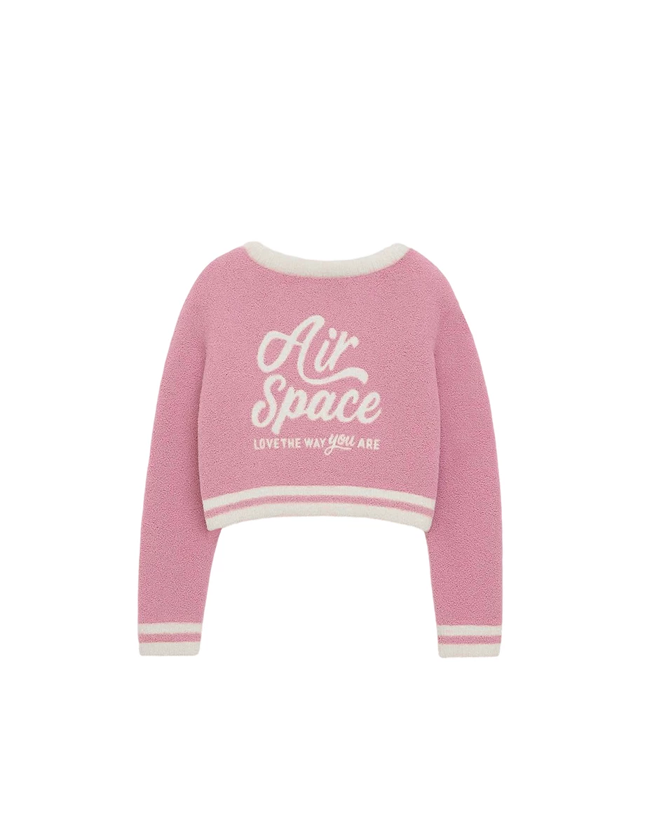 Fuzzy V Neck Contrast Trim Jacquard Lettering Cardigan