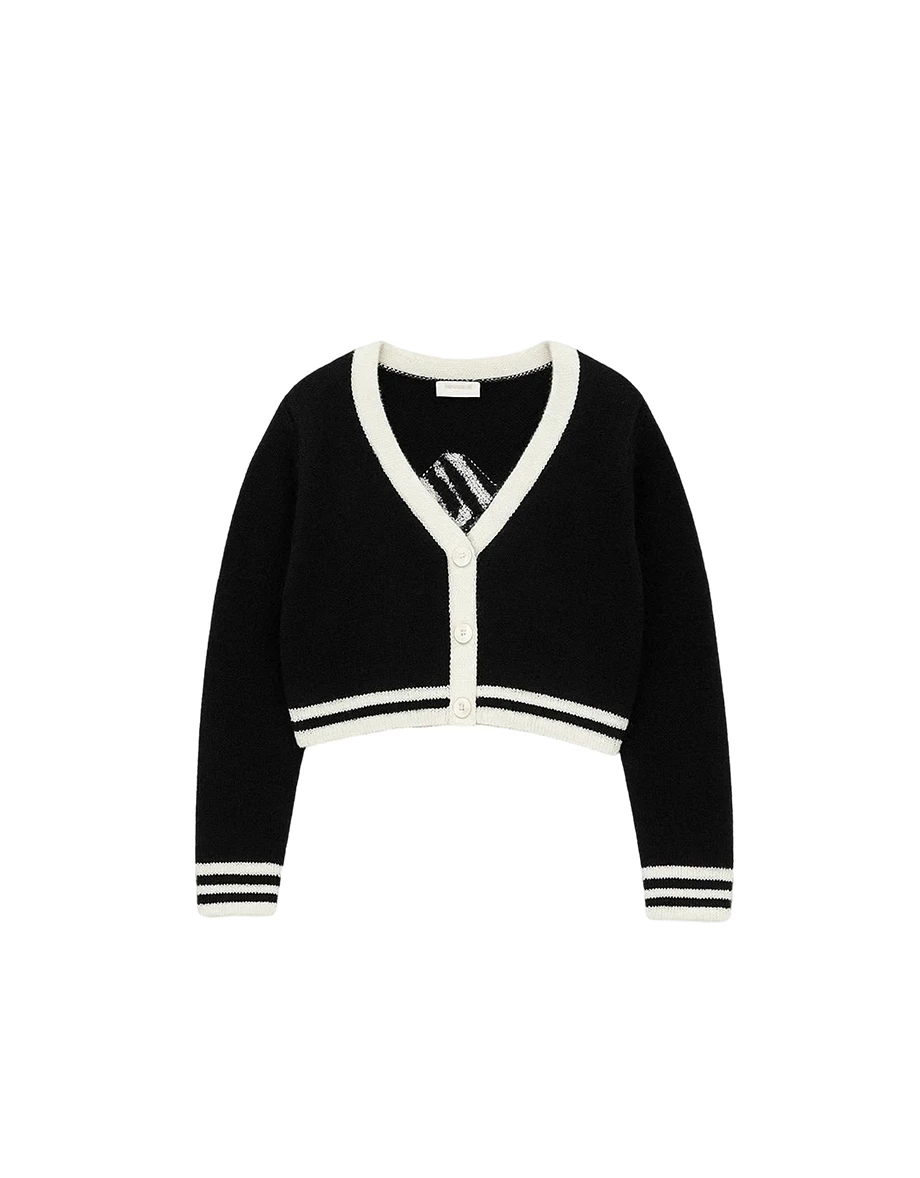 Fuzzy V Neck Contrast Trim Jacquard Lettering Cardigan