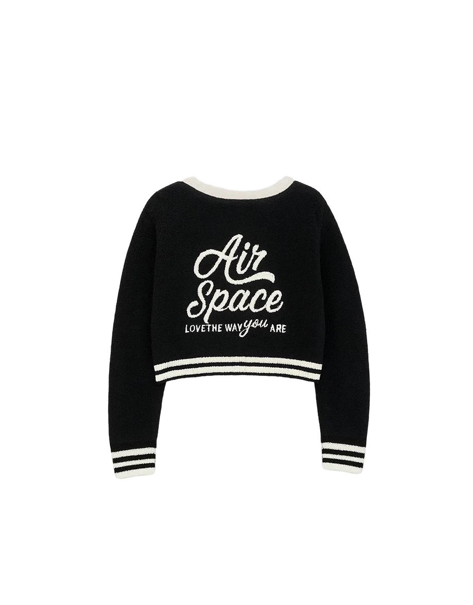 Fuzzy V Neck Contrast Trim Jacquard Lettering Cardigan