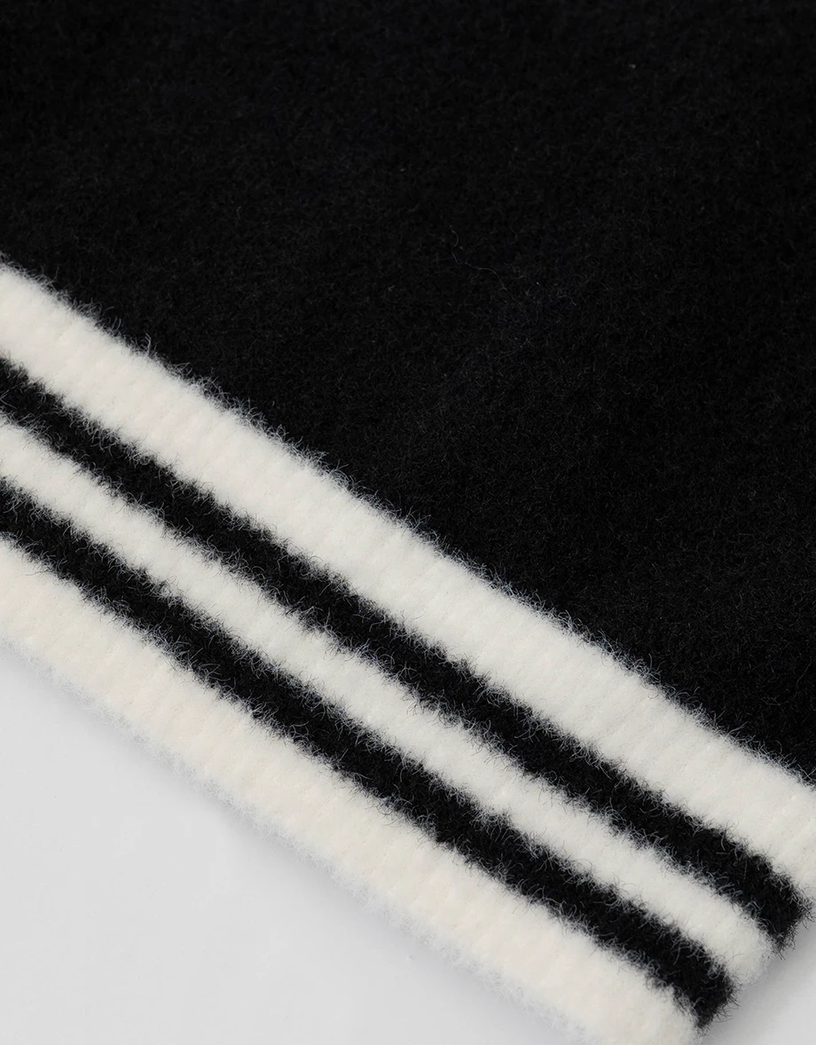 Fuzzy V Neck Contrast Trim Jacquard Lettering Cardigan