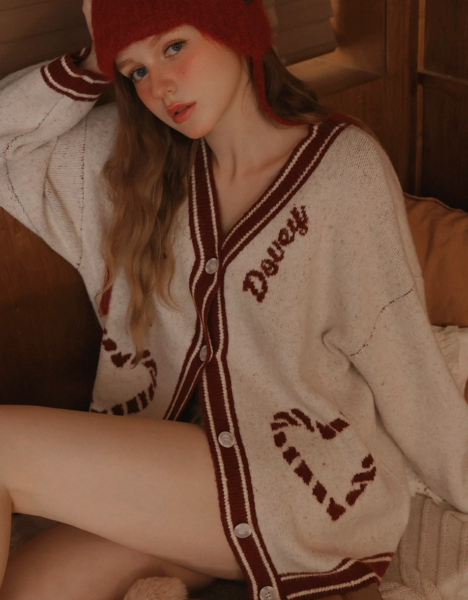 V Neck Contrast Trim Heart Jacquard Oversized Knit Cardigan