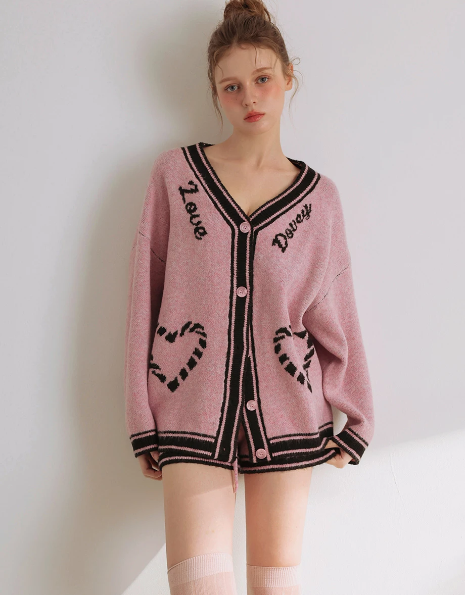 V Neck Contrast Trim Heart Jacquard Oversized Knit Cardigan