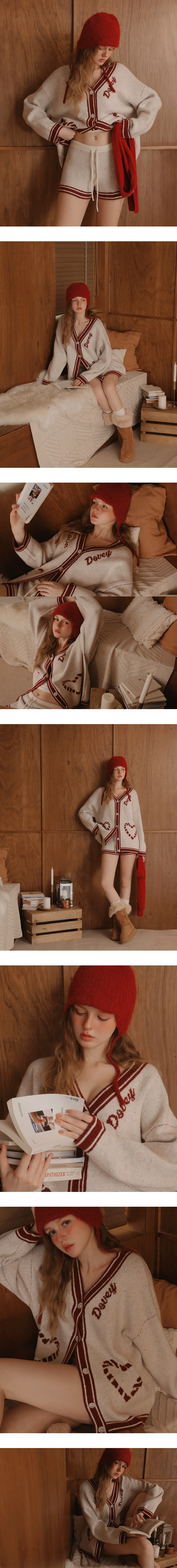 V Neck Contrast Trim Heart Jacquard Oversized Knit Cardigan