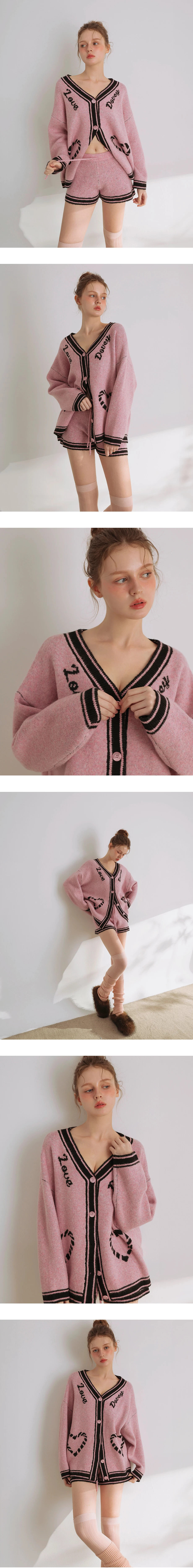 V Neck Contrast Trim Heart Jacquard Oversized Knit Cardigan