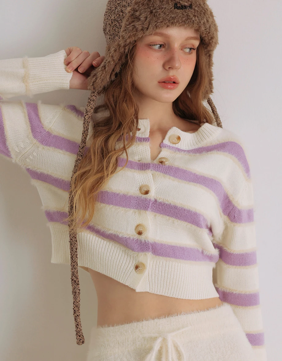 Contrast Trim Fluffy Knit Crop Cardigan