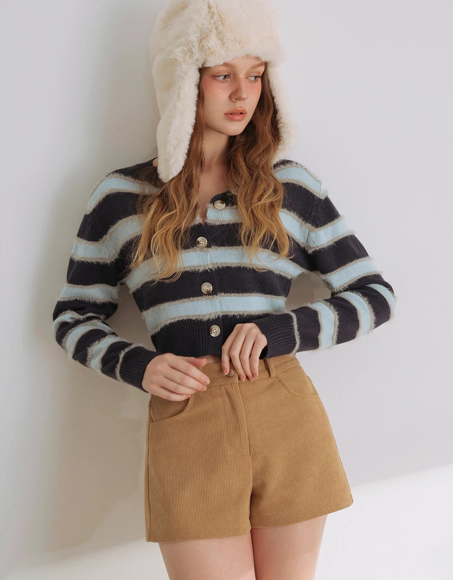 Contrast Trim Fluffy Knit Crop Cardigan