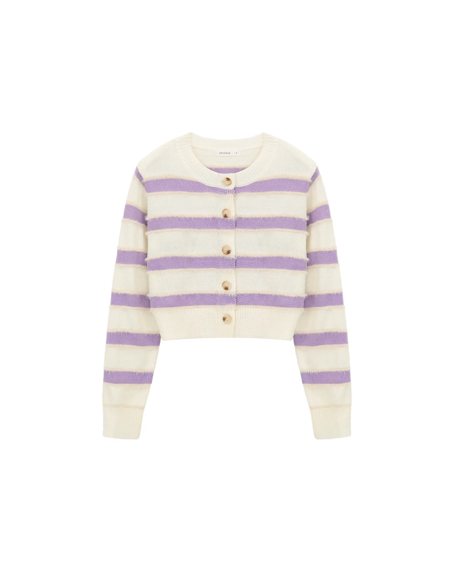 Contrast Trim Fluffy Knit Crop Cardigan