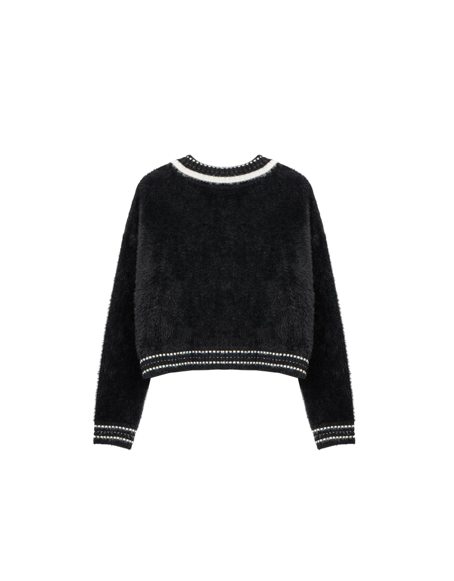 Long Sleeve Faux Mink Fur Contrast Trim Cardigan