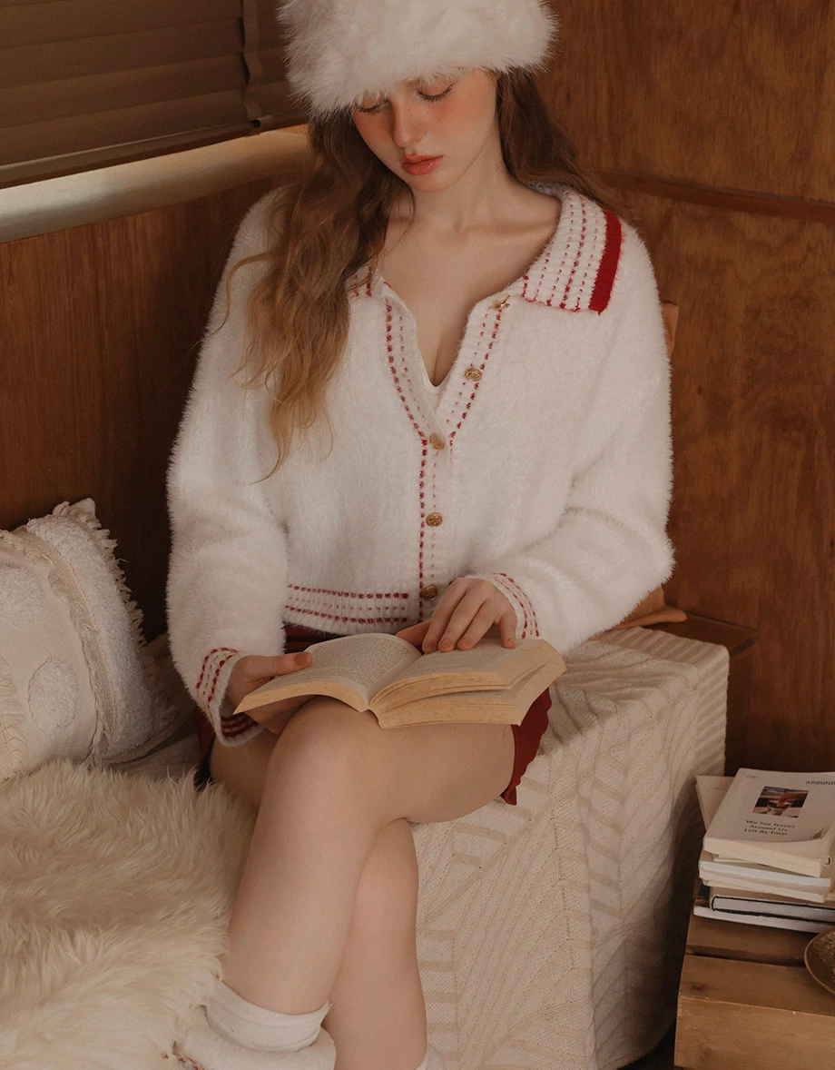 Long Sleeve Faux Mink Fur Contrast Trim Cardigan