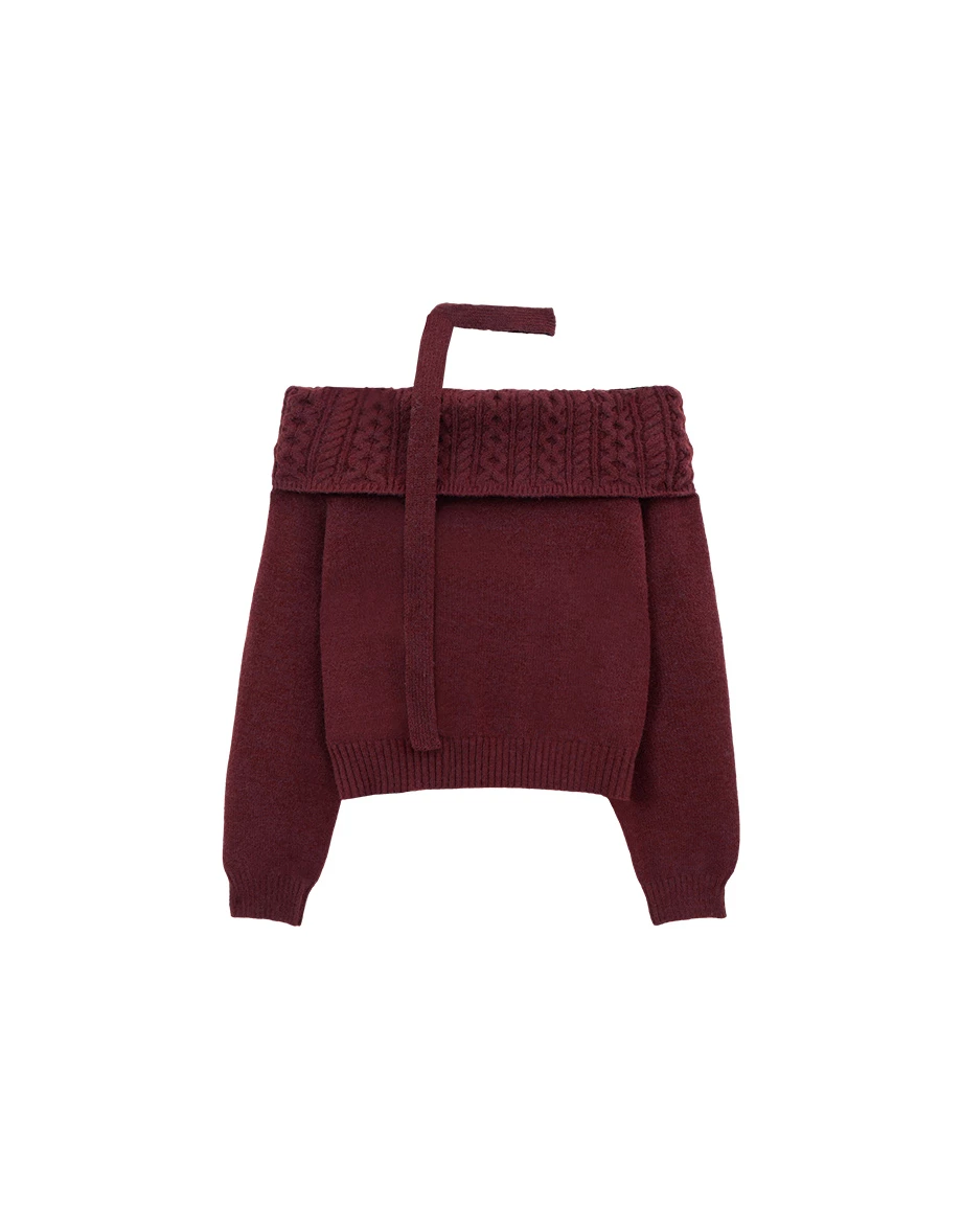 Fold Over Off Shoulder Neckline Ribbed Cable Knit Sweater (with Scaft)