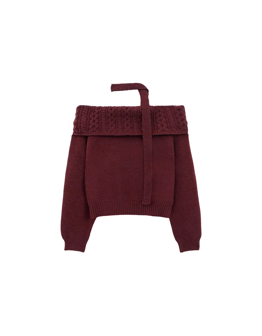 Fold Over Off Shoulder Neckline Ribbed Cable Knit Sweater (with Scaft)