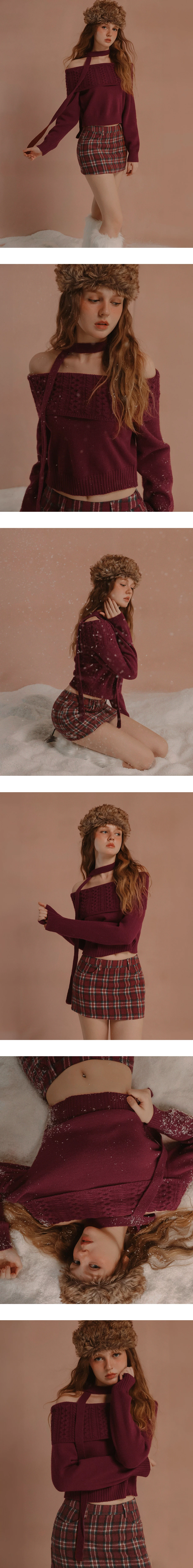 Fold Over Off Shoulder Neckline Ribbed Cable Knit Sweater (with Scaft)