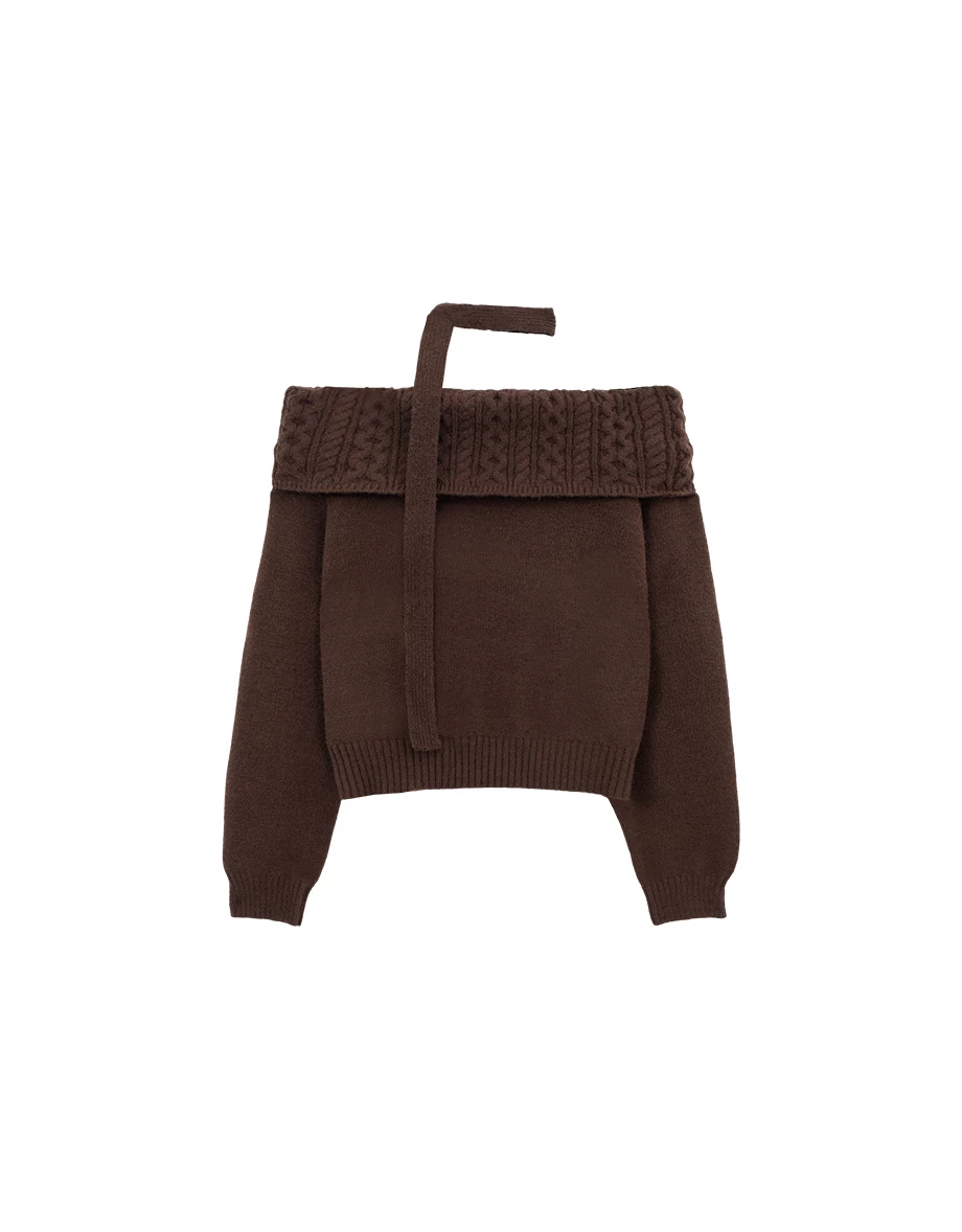 Fold Over Off Shoulder Neckline Ribbed Cable Knit Sweater (with Scaft)