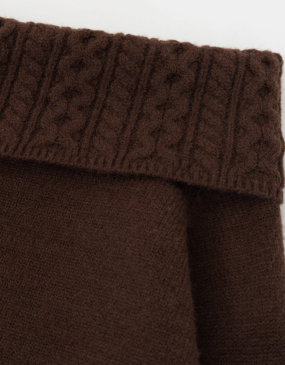 Fold Over Off Shoulder Neckline Ribbed Cable Knit Sweater (with Scaft)