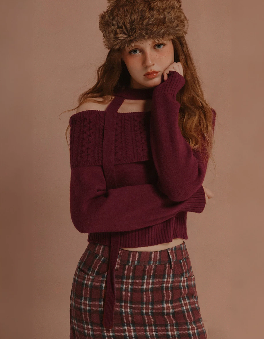 Fold Over Off Shoulder Neckline Ribbed Cable Knit Sweater (with Scaft)