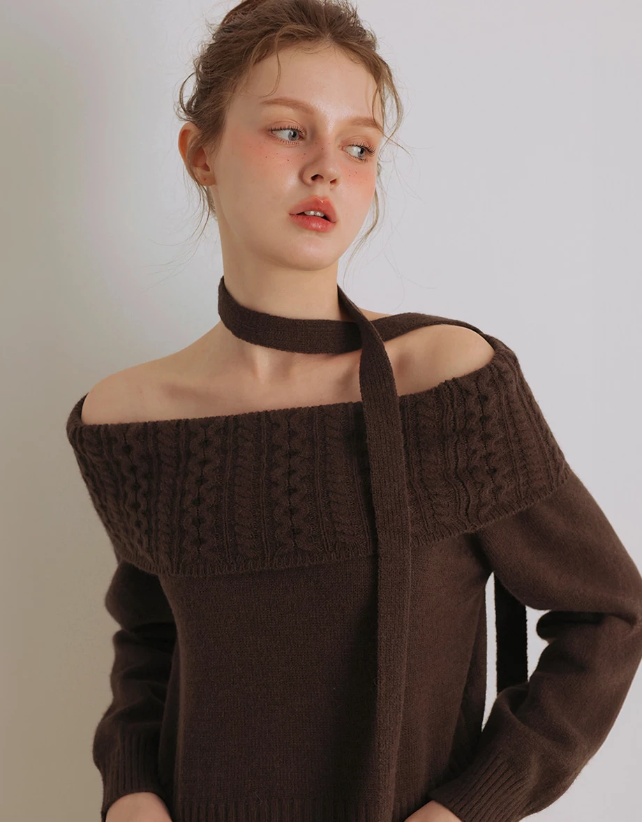 Fold Over Off Shoulder Neckline Ribbed Cable Knit Sweater (with Scaft) Fold Over Off Shoulder Neckline Ribbed Cable Knit Sweater (with Scaft)