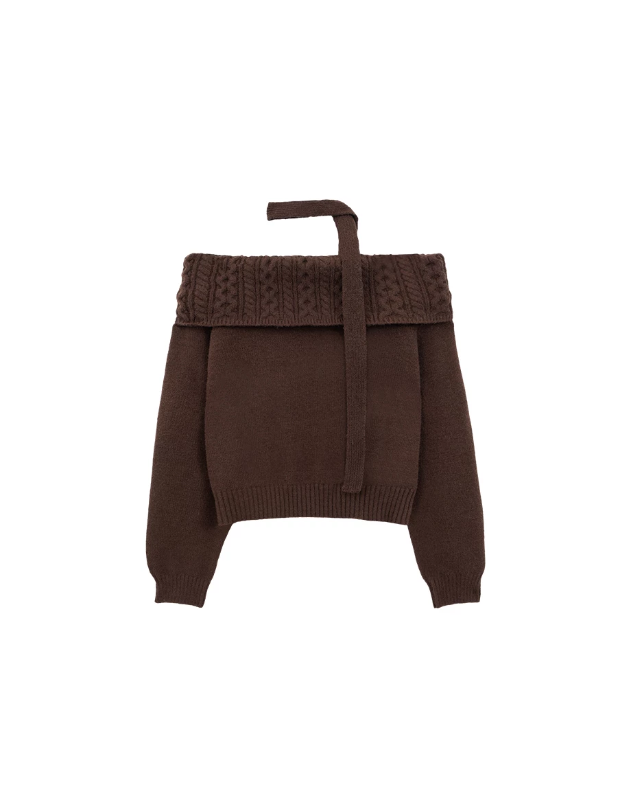 Fold Over Off Shoulder Neckline Ribbed Cable Knit Sweater (with Scaft)