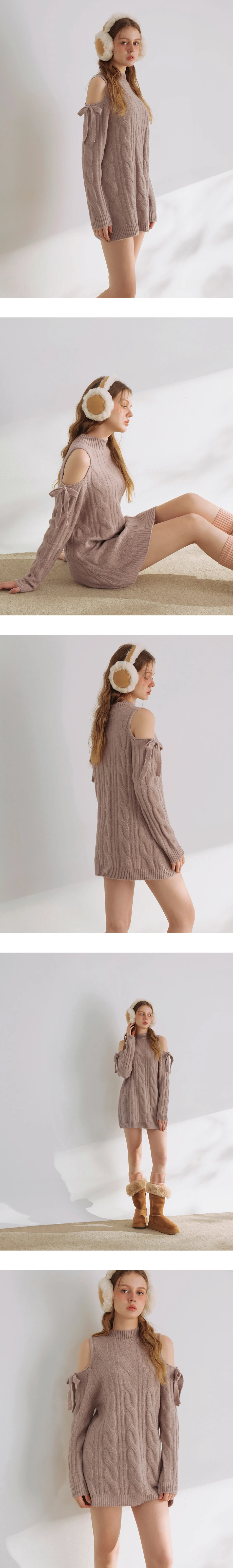 Ribbon Tie Cold Shoulder Cable Knit Longline Sweater