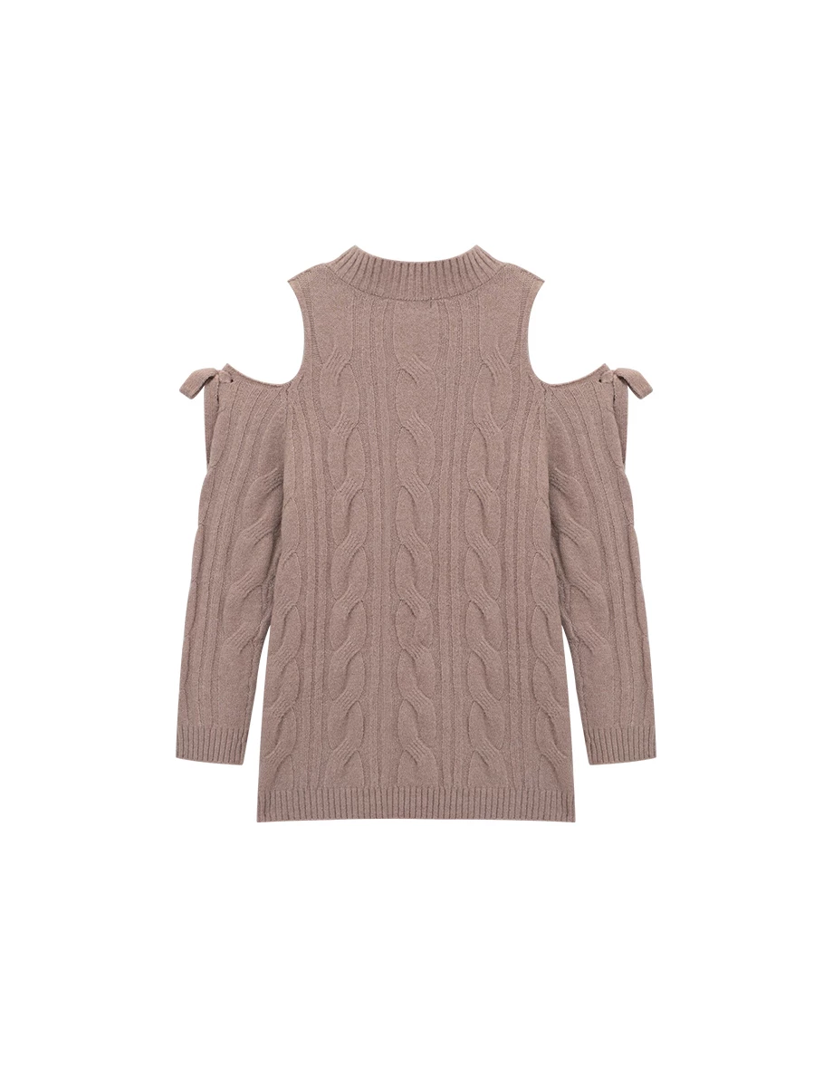 Ribbon Tie Cold Shoulder Cable Knit Longline Sweater