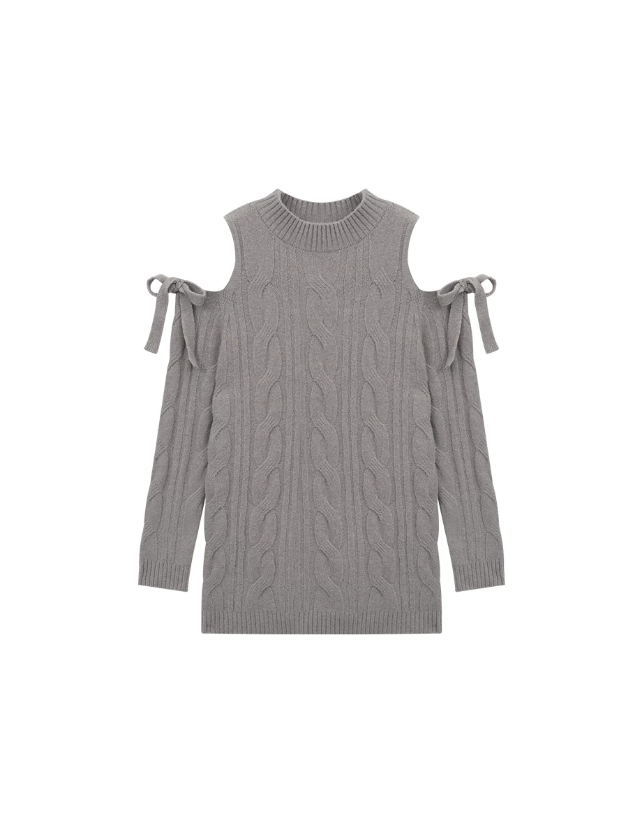 Ribbon Tie Cold Shoulder Cable Knit Longline Sweater