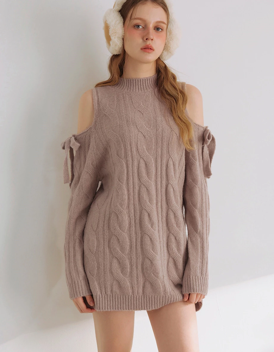 Ribbon Tie Cold Shoulder Cable Knit Longline Sweater Ribbon Tie Cold Shoulder Cable Knit Longline Sweater