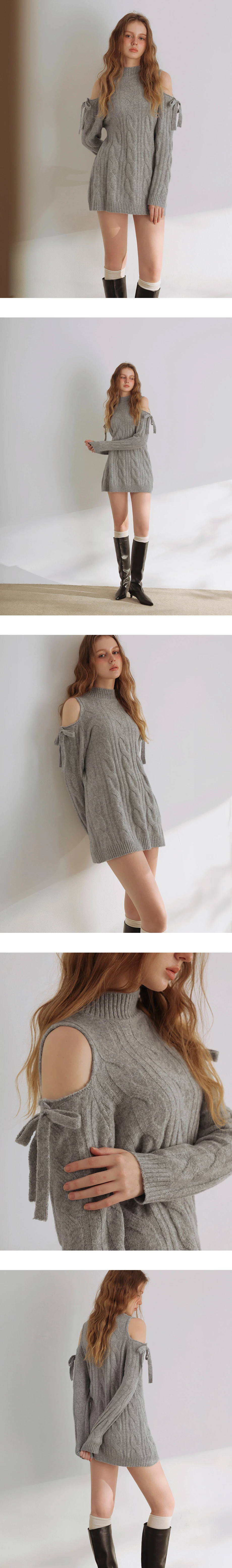 Ribbon Tie Cold Shoulder Cable Knit Longline Sweater