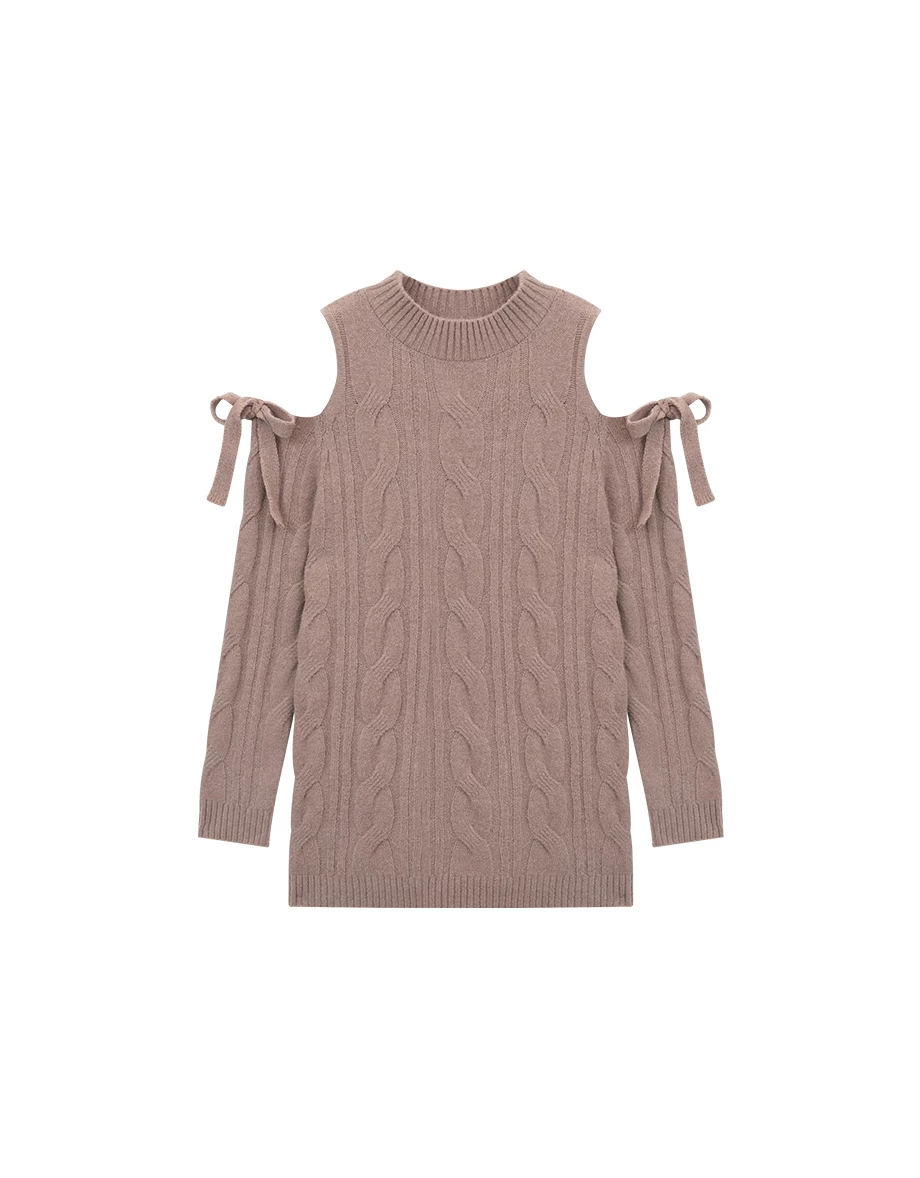Ribbon Tie Cold Shoulder Cable Knit Longline Sweater