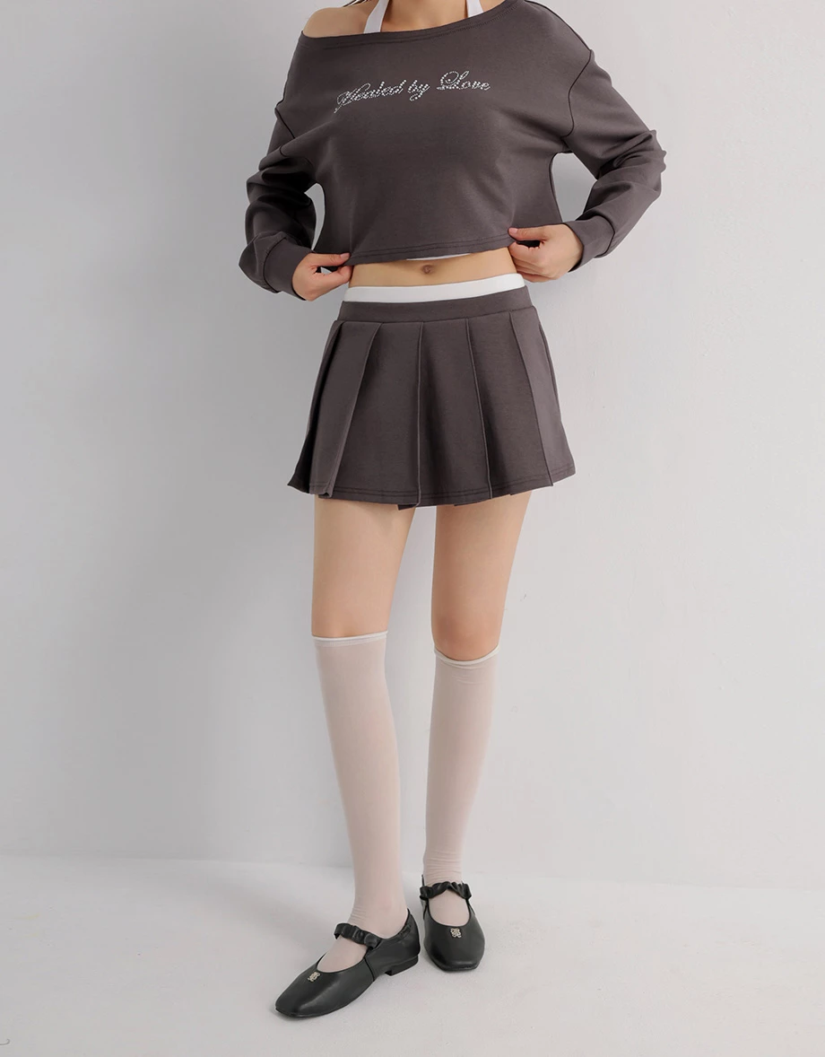 Pleated Knit Mini Skorts with Contrast Waistband