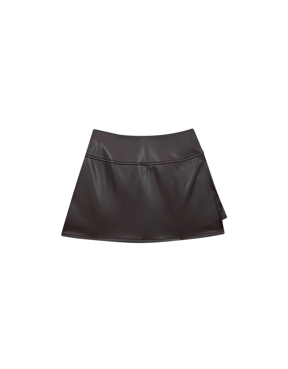 【Heat Tech】High Waist Faux Leather Side Slit Mini Skort