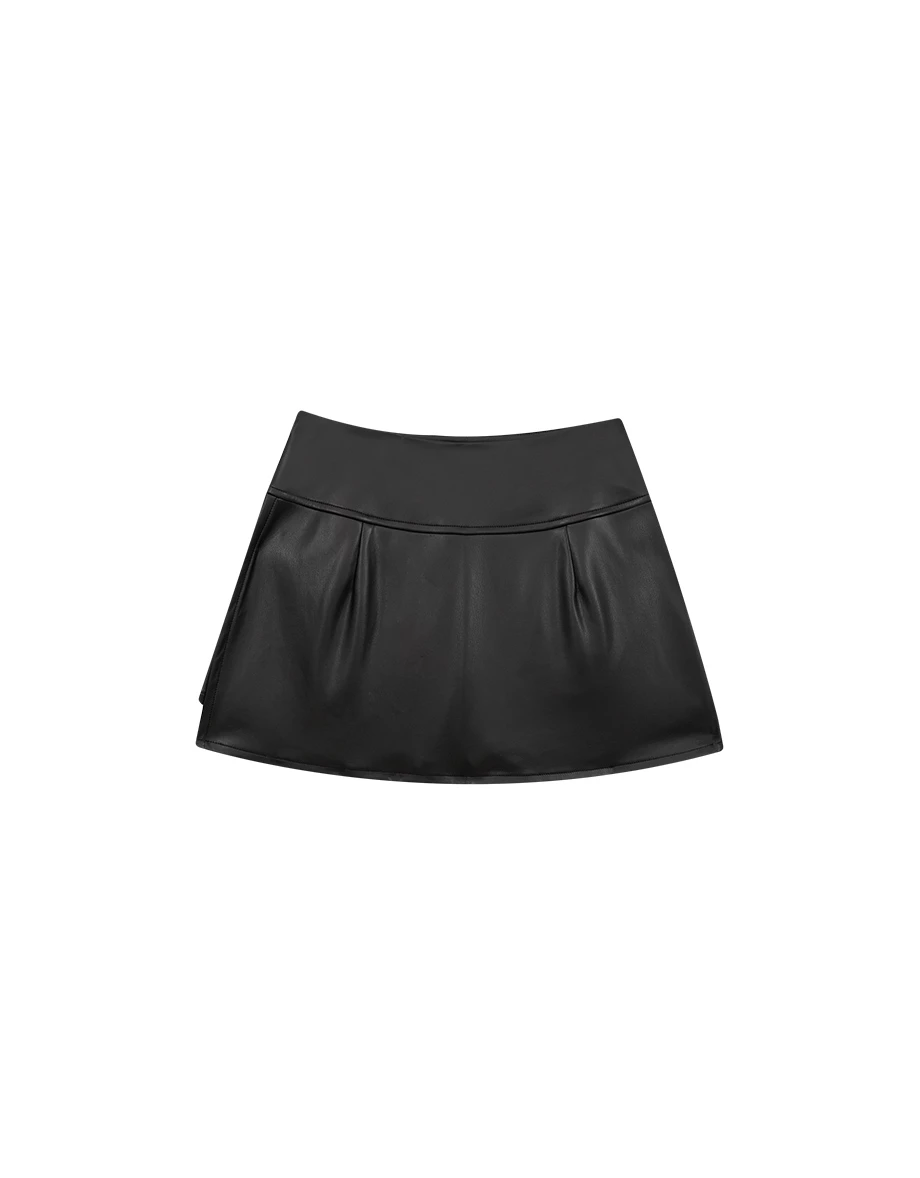 【Heat Tech】High Waist Faux Leather Side Slit Mini Skort 【Heat Tech】High Waist Faux Leather Side Slit Mini Skort