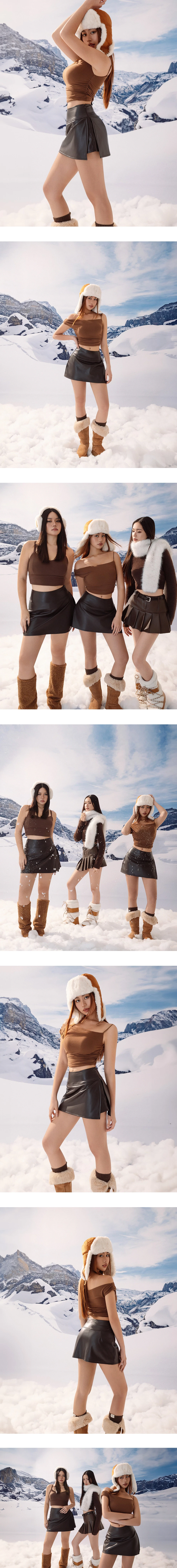 【Heat Tech】High Waist Faux Leather Side Slit Mini Skort