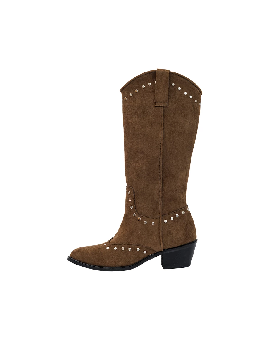 Studded Faux Suede Cowboy Knee High Boots Studded Faux Suede Cowboy Knee High Boots