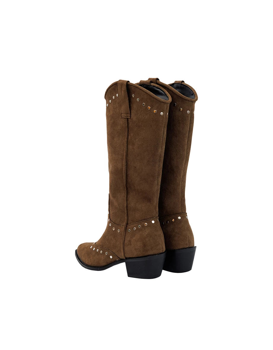 Studded Faux Suede Cowboy Knee High Boots Studded Faux Suede Cowboy Knee High Boots