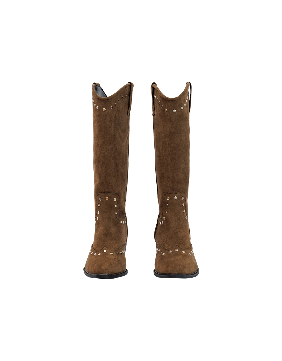Studded Faux Suede Cowboy Knee High Boots Studded Faux Suede Cowboy Knee High Boots
