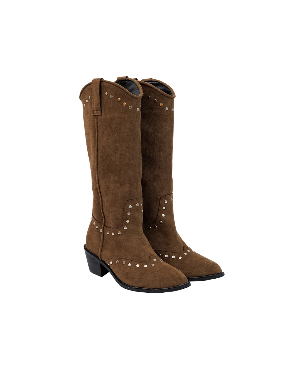 Studded Faux Suede Cowboy Knee High Boots Studded Faux Suede Cowboy Knee High Boots
