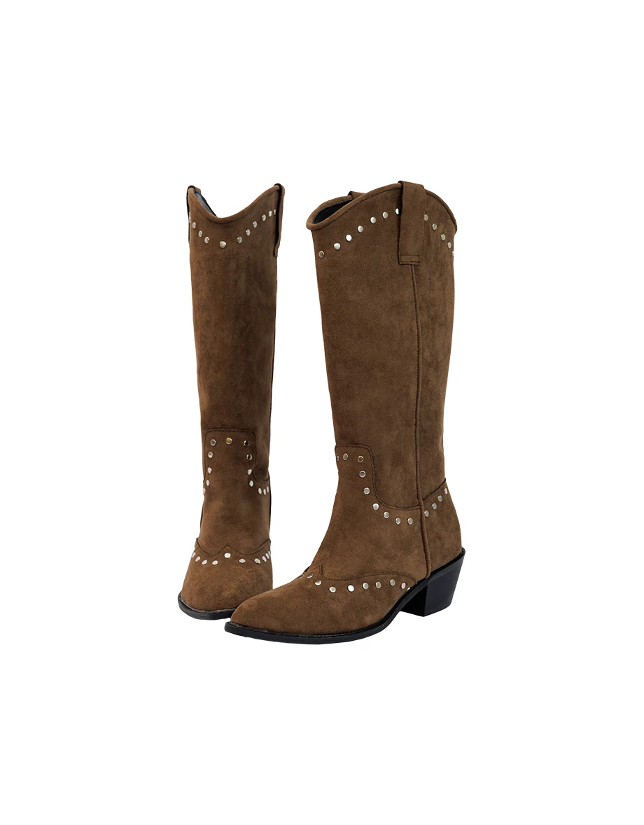 Studded Faux Suede Cowboy Knee High Boots