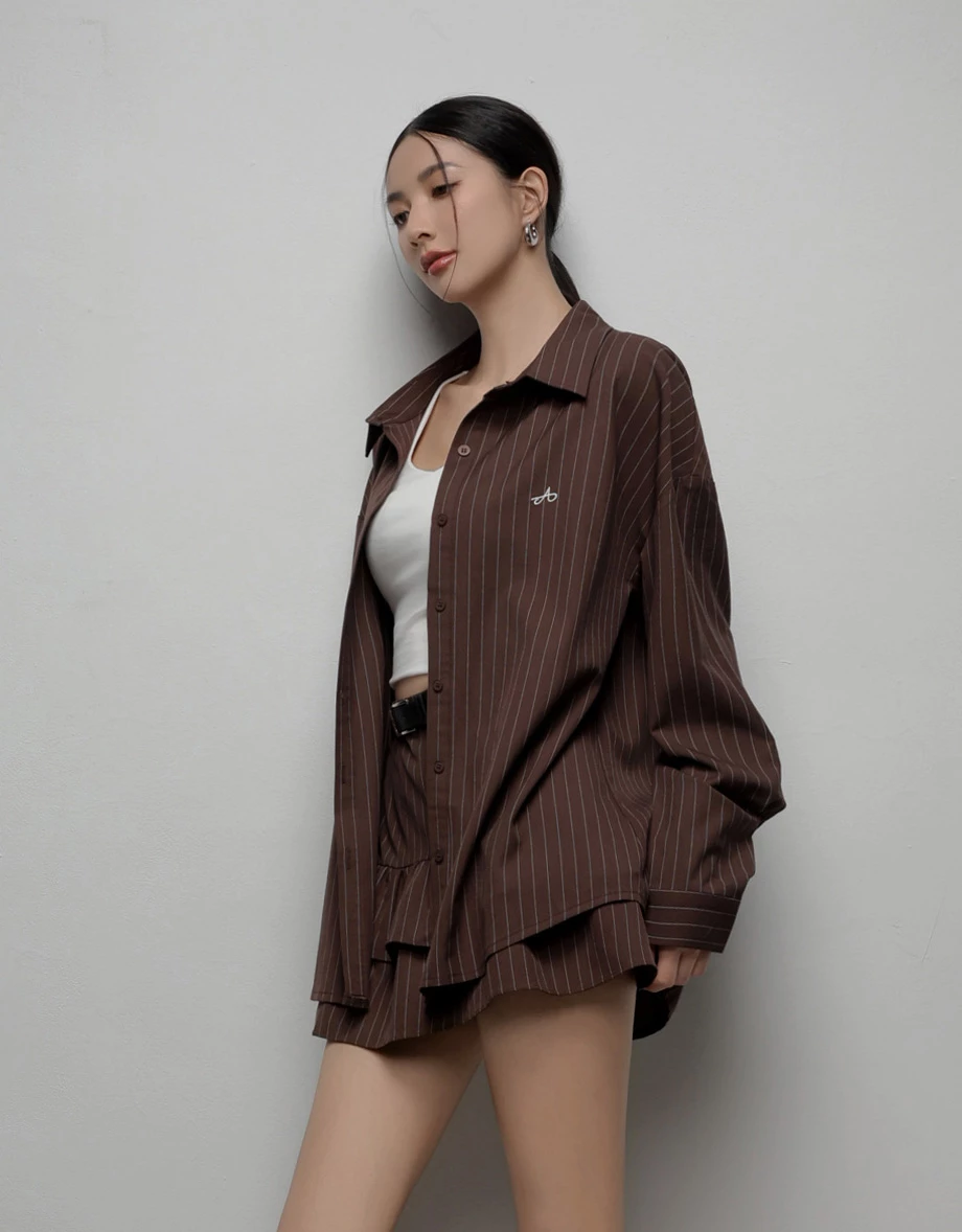 Pinstripe Logo Embroidered Oversized Shirt Blouse